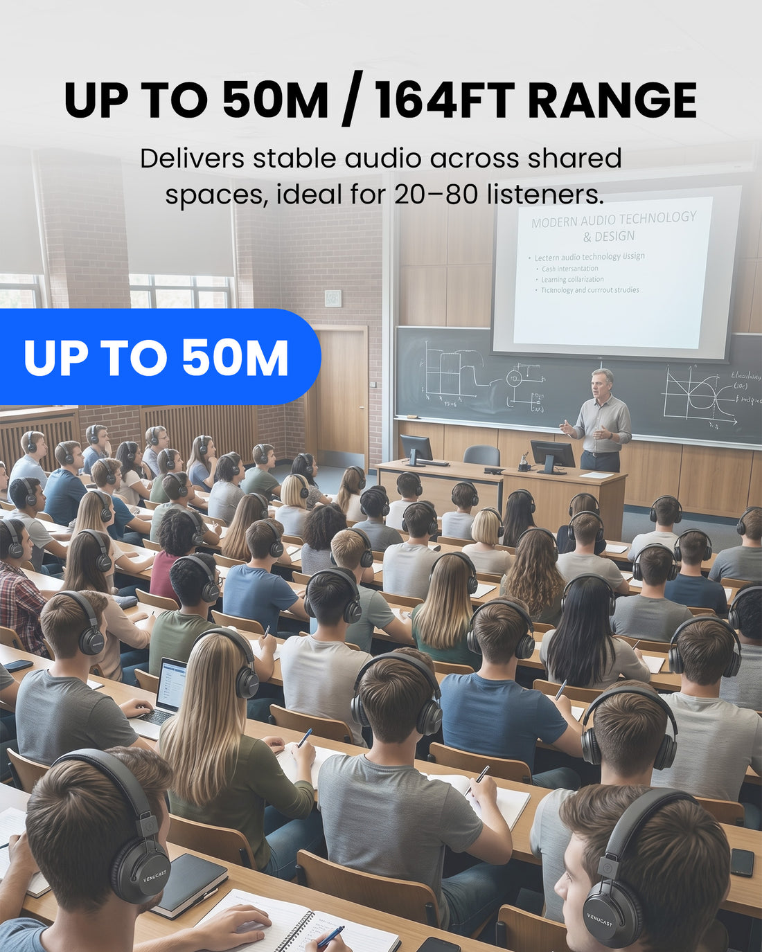 LitePlex H4 USB Venue Transmitter + 4 Headphones for classrooms, training, churches, and venues with stable audio, 164 ft range and 20–80 listeners

