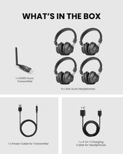 LitePlex H4 Venue Auracast with 4 headphones, 1 Aura transmitter, and setup accessories for classrooms, training sessions, churches, and venues.