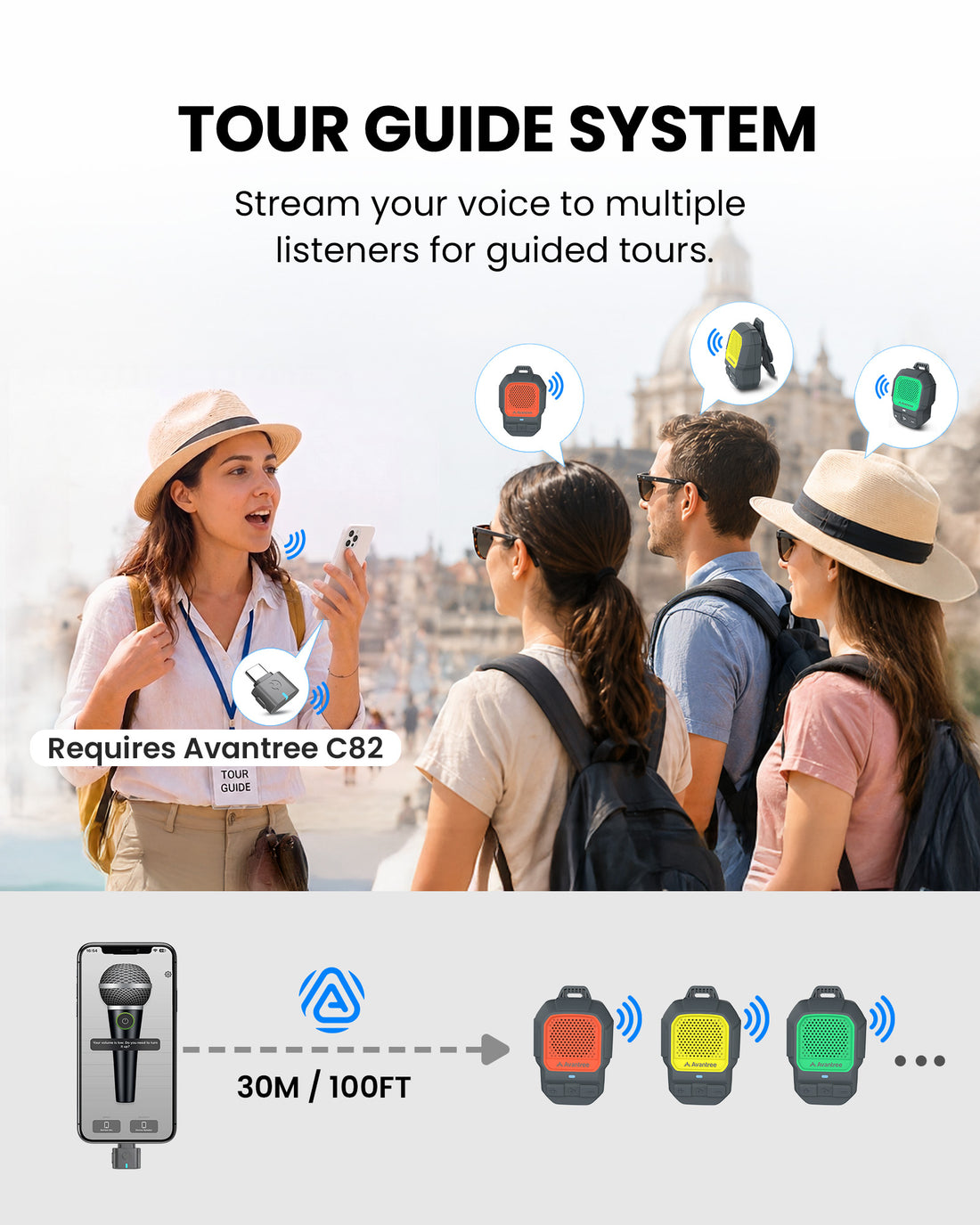 ShareCast Solo Clip-On Auracast Speaker with LE Audio for tour guide use, streaming audio to multiple listeners within 30m range using C82 wireless transmission.
