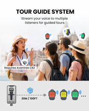 ShareCast Solo Clip-On Auracast Speaker with LE Audio for tour guide use, streaming audio to multiple listeners within 30m range using C82 wireless transmission.

