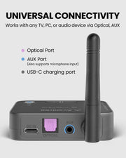 Audikast 4HA Auracast TV Transmitter, optimized for Auracast hearing aids with optical and AUX input for TVs, PCs, and audio devices.