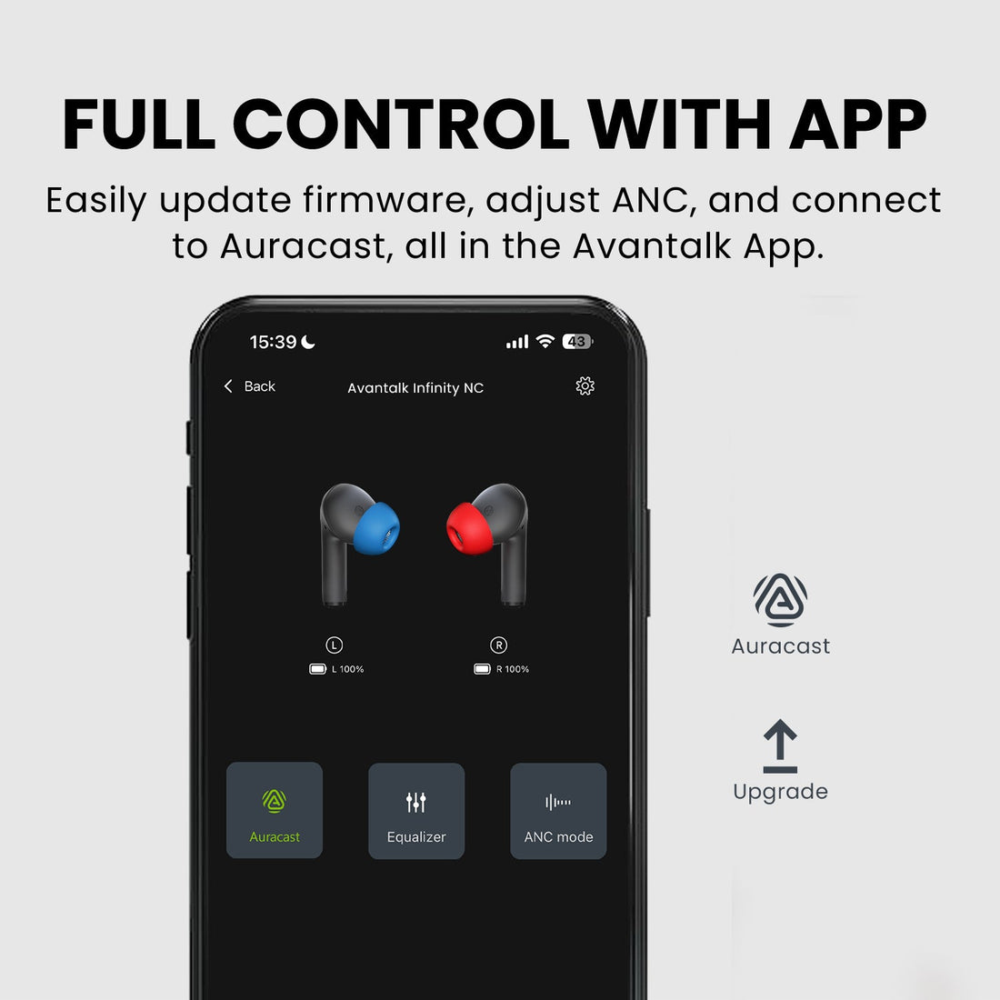 Infinity NC ANC Earbuds with LE Audio, Auracast, HD calls, and custom EQ,  with Avantree  App control for firmware updates, ANC adjustment, and easy Auracast connection.
