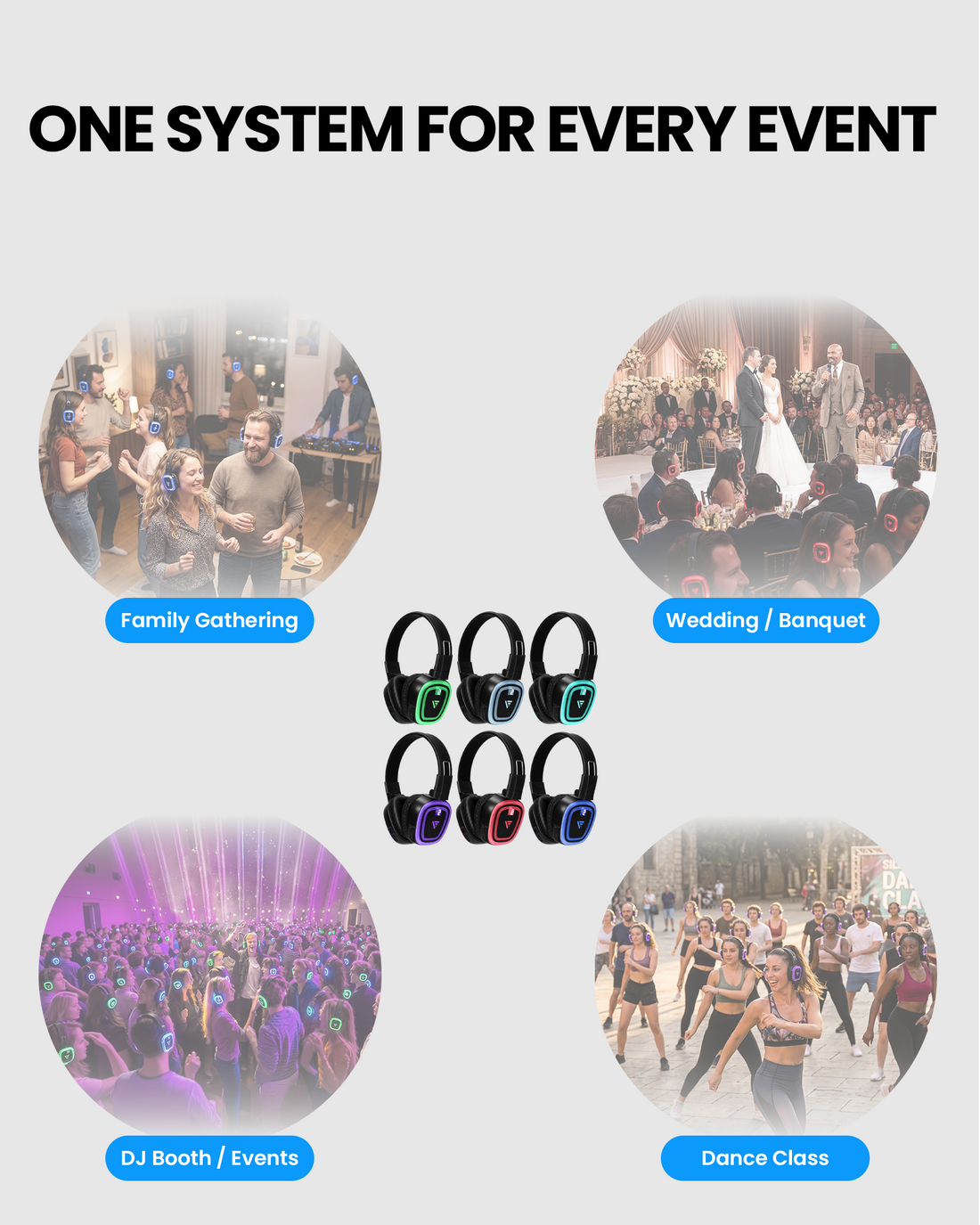 6-Pack V-UT90 Headphones for silent discos, weddings, multilingual conferences, group classes, and events with up to 1000 ft range.