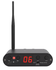 V-UT90 Transmitter for silent discos, weddings, and events with 3 UHF channels, audio switching, and versatile input support.