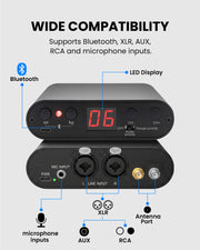 V-UT90 Transmitter with 3 independent UHF channels for headphone audio switching, supports Bluetooth, XLR, AUX, RCA, and microphone inputs for silent disco, and events.