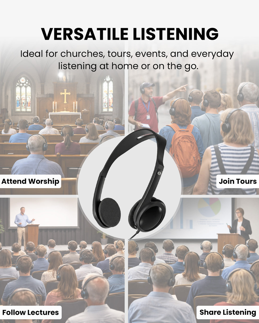 AuraPlex MX with Wired On-Ear Headphones with 3.5mm jack, ideal for churches, tours, events, shared environments, and everyday personal listening.