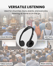 AuraPlex MX with Wired On-Ear Headphones with 3.5mm jack, ideal for churches, tours, events, shared environments, and everyday personal listening.