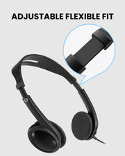 Wired on-ear headphones with 3.5mm jack, lightweight design, and flexible adjustable headband for comfortable extended listening sessions.