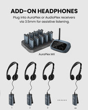 4-Pack Wired On-Ear Headphones with 3.5mm Jack for churches and public spaces, with add-on headphones and 3.5 mm receivers to support mulit-listeners for assistive listening,