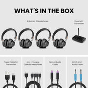 Quartet 2 2.4G Wireless Group Listening Headphones Set for TV and events includes 4 headphones, 1 transmitter, and accessories.