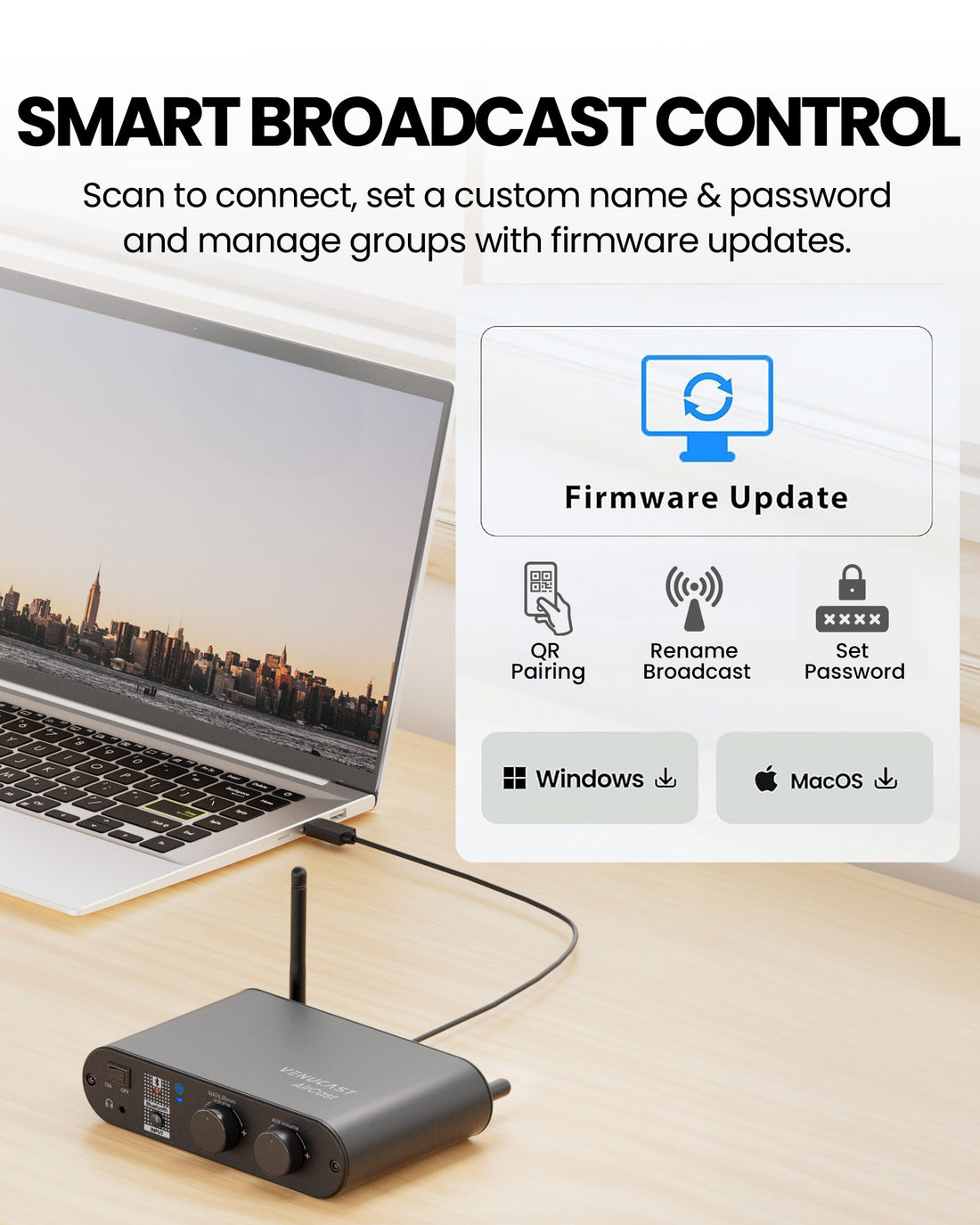 53901 Auracast Assistive Listening System for Churches, smart broadcast control with custom name, password, and QR pairing.