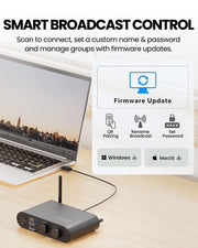 53901 Auracast Assistive Listening System for Churches, smart broadcast control with custom name, password, and QR pairing.