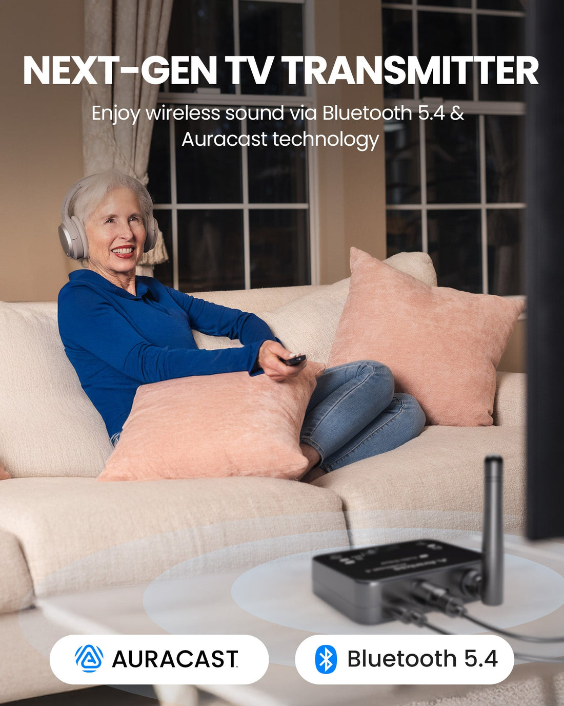 Audikast 4 Bluetooth & Auracast TV transmitter for wireless audio to compatible auracast hearing aids, headphones and speakers.