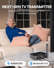 Audikast 4 Bluetooth & Auracast TV transmitter for wireless audio to compatible auracast hearing aids, headphones and speakers.