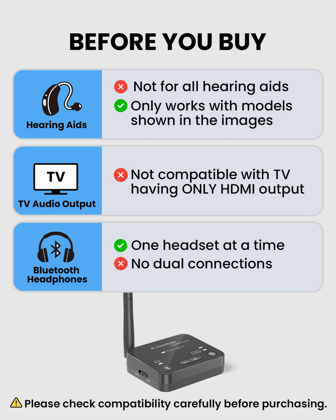 Audikast 4 Bluetooth & Auracast TV Transmitter, works with compatible multiple Auracast hearing aids and one Bluetooth device; HDMI pass-through not supported.