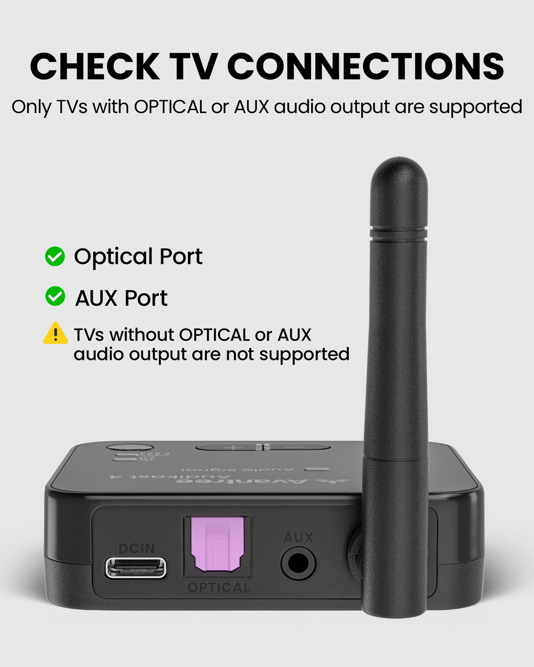 Audikast 4 Bluetooth and Auracast TV Transmitter, supports optical and 3.5mm AUX input, no HMDI.