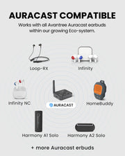 Audikast 4 Bluetooth and Auracast TV transmitter compatible with Avantree earbuds and ecosystem devices.