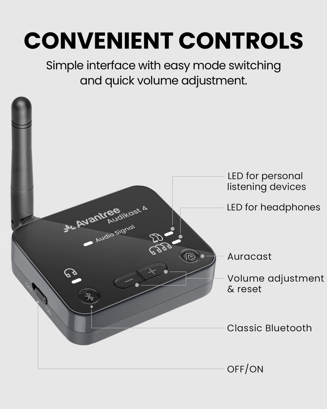 Audikast 4 Bluetooth and Auracast TV transmitter with convenient controls for easy mode switching and volume adjustment.