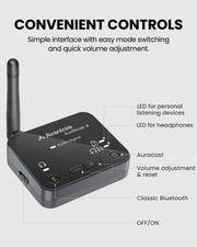 Audikast 4 Bluetooth and Auracast TV transmitter with convenient controls for easy mode switching and volume adjustment.