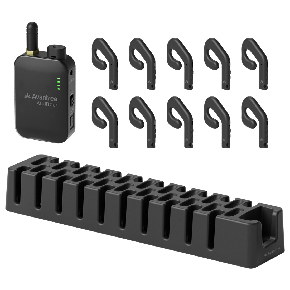AudiTour (Rental) Wireless Tour Guide System for museums, factories, and group audio includes 1 transmitter, 10 open-ear headphones, and a charging dock.