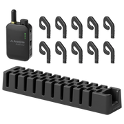 AudiTour (Rental) Wireless Tour Guide System for museums, factories, and group audio includes 1 transmitter, 10 open-ear headphones, and a charging dock.