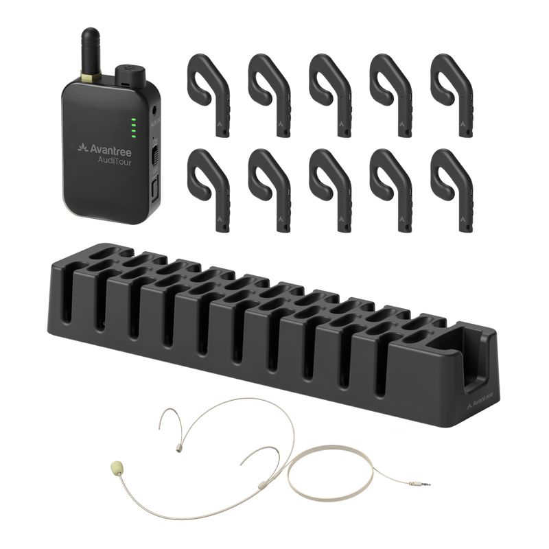 AudiTour Wireless Tour Guide System for museums, factories, and groups with open-ear headphones, clip-on transmitter, and wired headset mic.