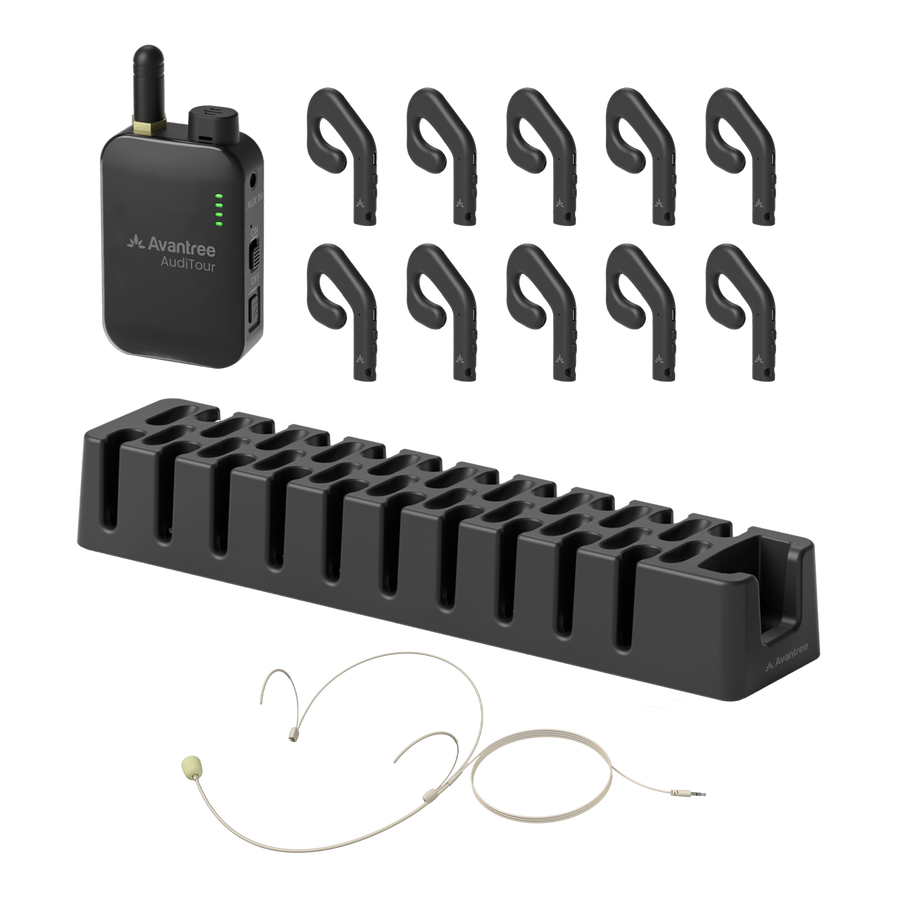 AudiTour Wireless Tour Guide System for museums, factories, and groups with open-ear headphones, clip-on transmitter, and wired headset mic.
