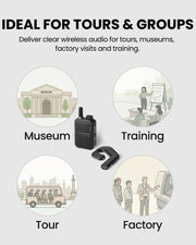 AudiTour Wireless Tour Guide System for museums, factories, and groups with clear wireless audio, flexible mic, clip-on, and handheld use.