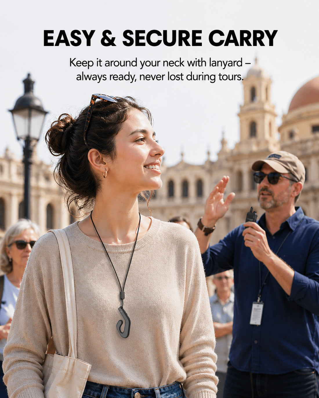 AudiTour Wireless Tour Guide System for museums, factories, and groups with clear audio with lanyard for secure usage.