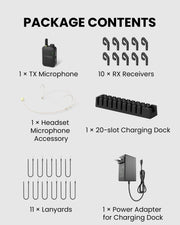 AudiTour Wireless Tour Guide System for museums, factories, and groups with transmitter, 10 open-ear headphones, lanyards, charging dock, and wall adapter.