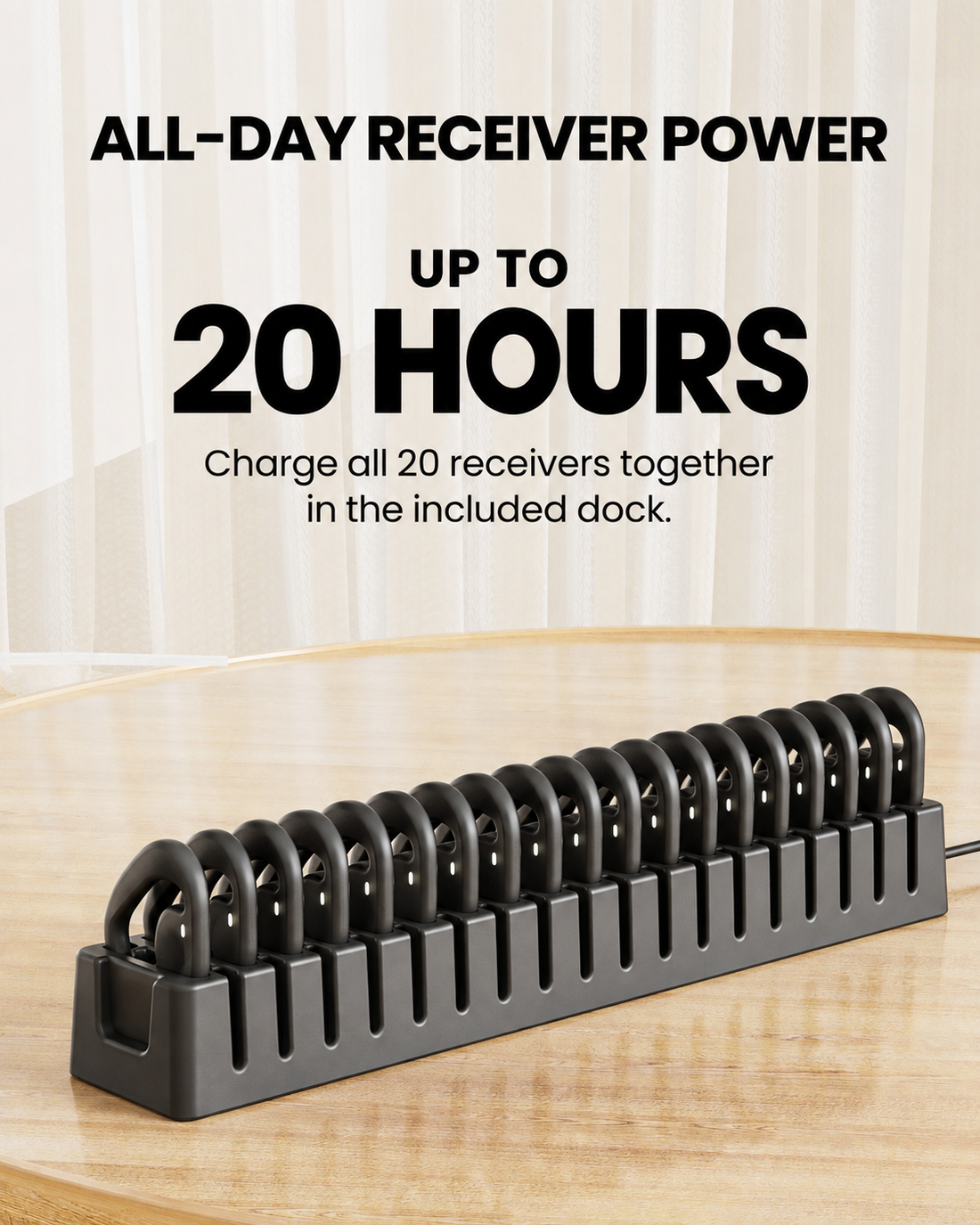 AudiTour receivers provide up to 20 hours of battery life and charge in the included dock