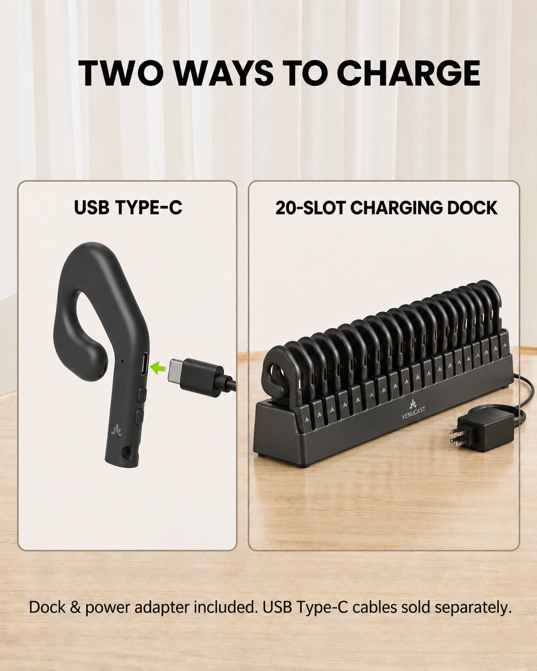 Charge AudiTour receivers by USB Type-C or included 20-slot charging dock