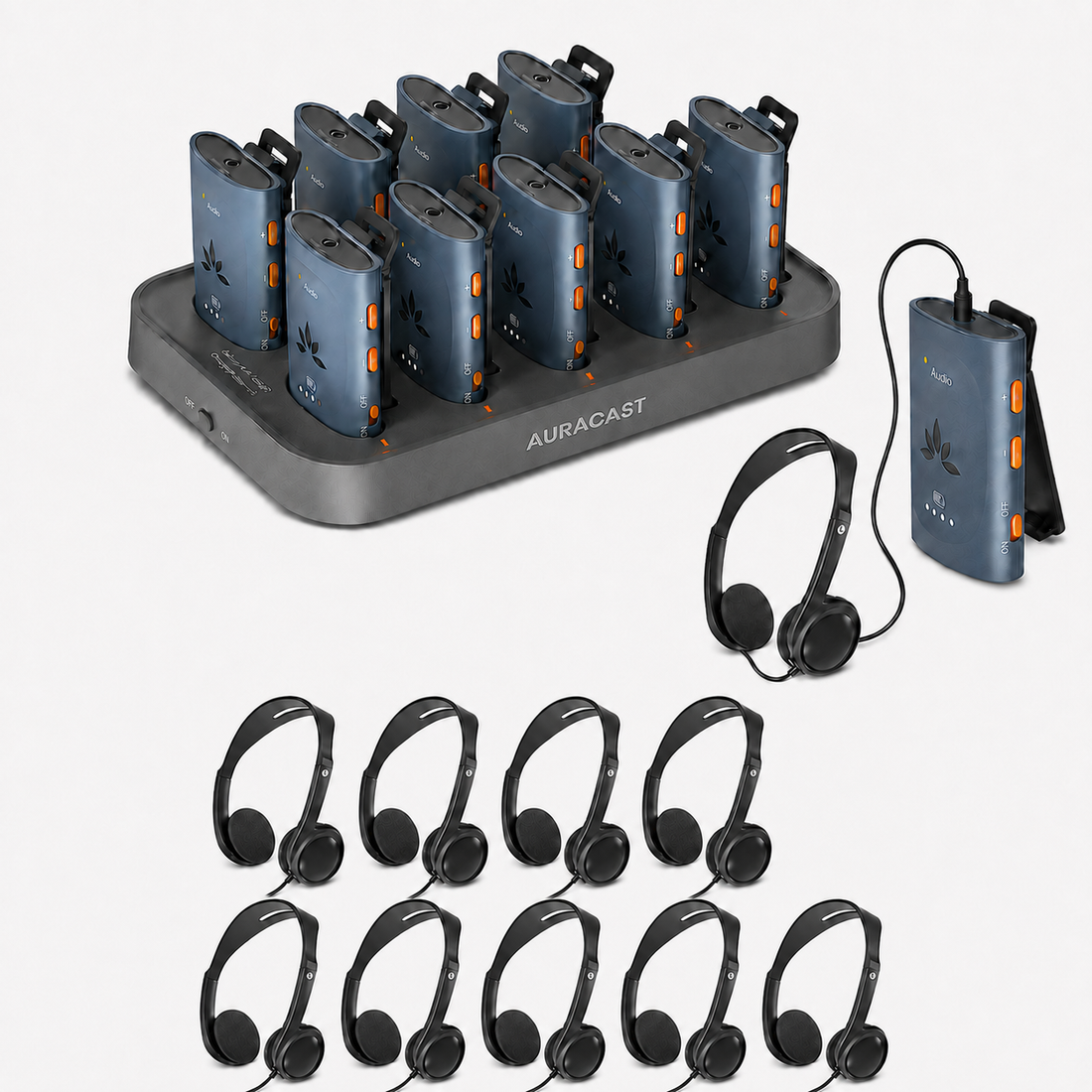 AuraClip 10RX receiver kit with charging dock and ten wired on-ear headphones