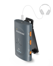 AuraClip Auracast receiver for church and personal listening, compatible with multi-brand transmitters, turning wired headphones or neckloops into Auracast listening devices.