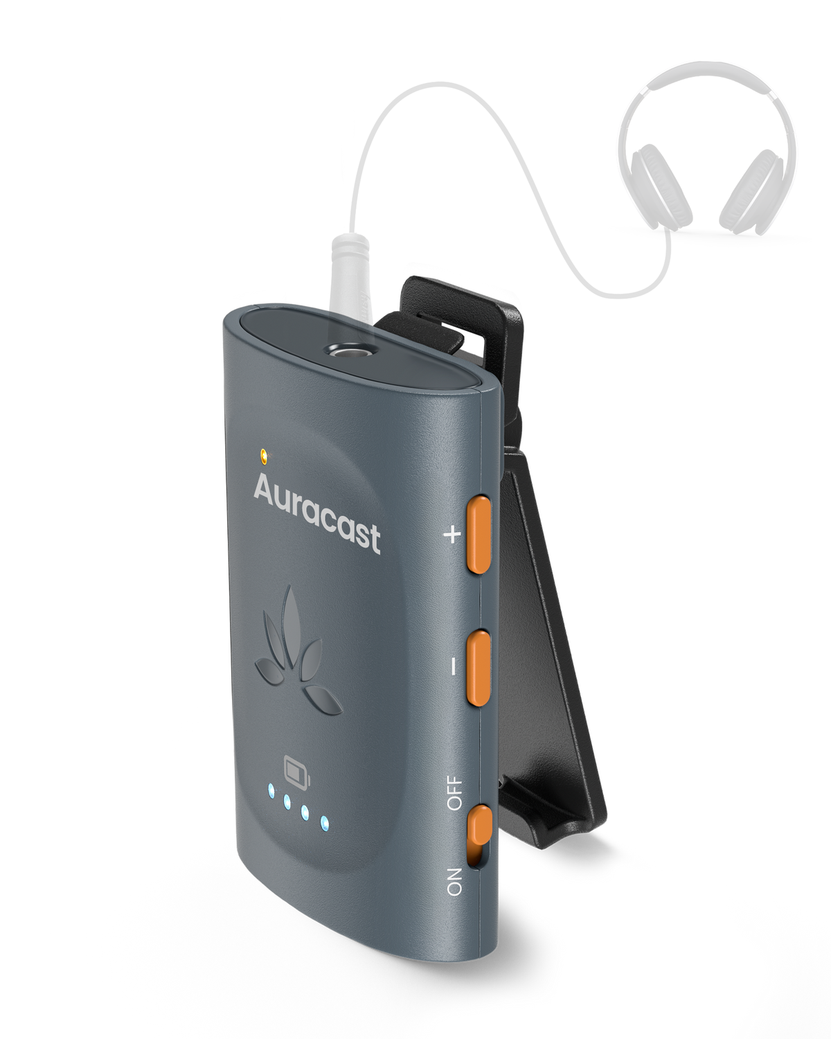 AuraClip Auracast receiver for church and personal listening, compatible with multi-brand transmitters, turning wired headphones or neckloops into Auracast listening devices.