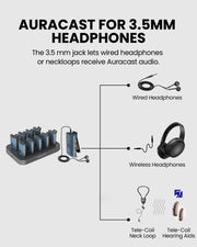 AuraPlex X14 Pro Auracast Group Listening for church, classroom and events, supports 3.5mm wired headphones, wireless headphones, and auracast telecoil neck loops.