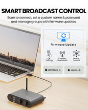 AuraPlex X14 Pro Auracast Group Listening for churches, classrooms, and events, supports QR pairing, name, password, and firmware updates.