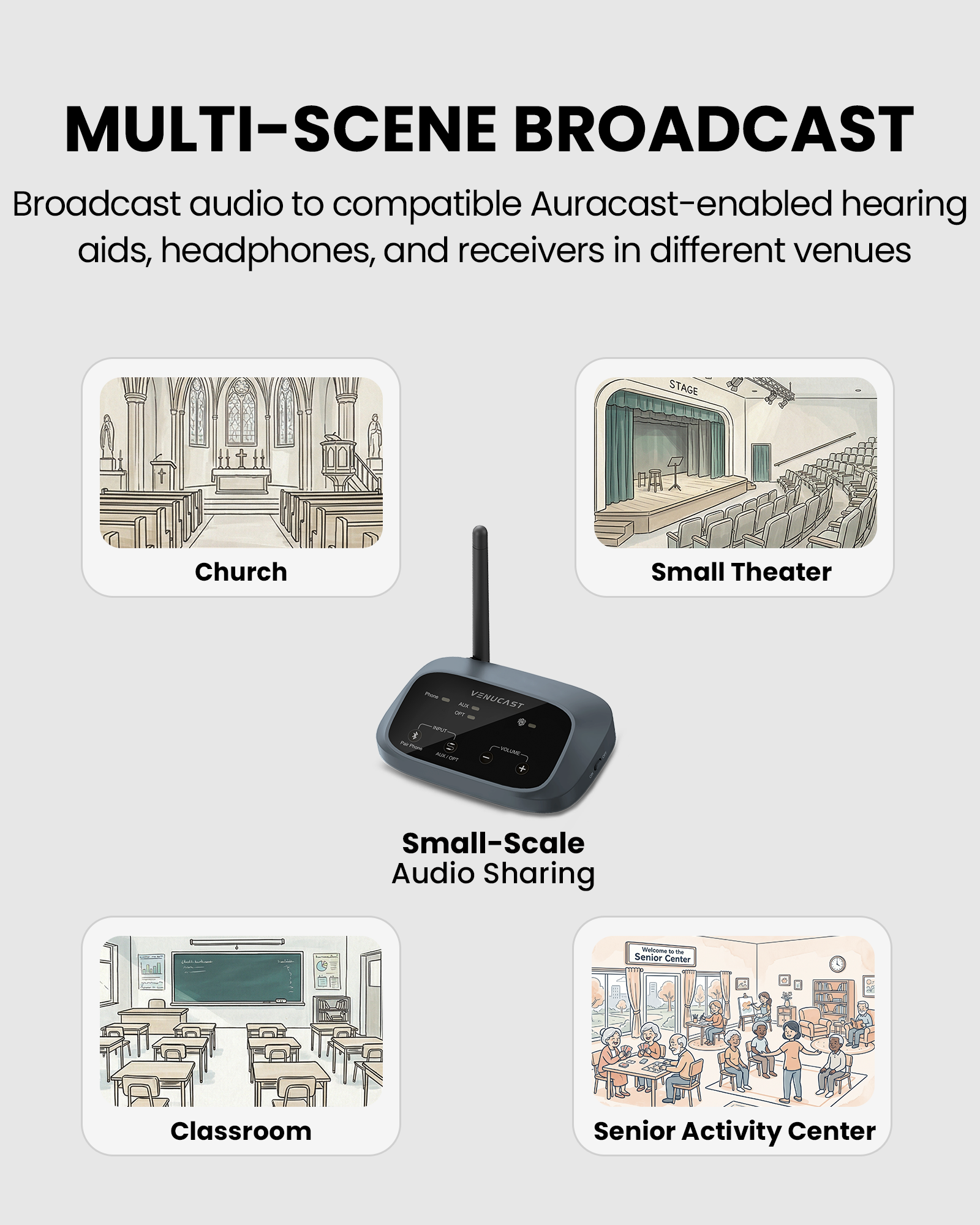 AuraPlex X2 Auracast Group Listening System transmitter, supports compatible hearing aids and wireless headphones for churches, classrooms, theaters, and events.
