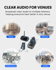Auracast Transmitter and Receiver for Group Listening for churches and events, broadcasting clear audio to multiple listeners. Compatible with Auracast-enabled hearing aids, headphones, and receivers.