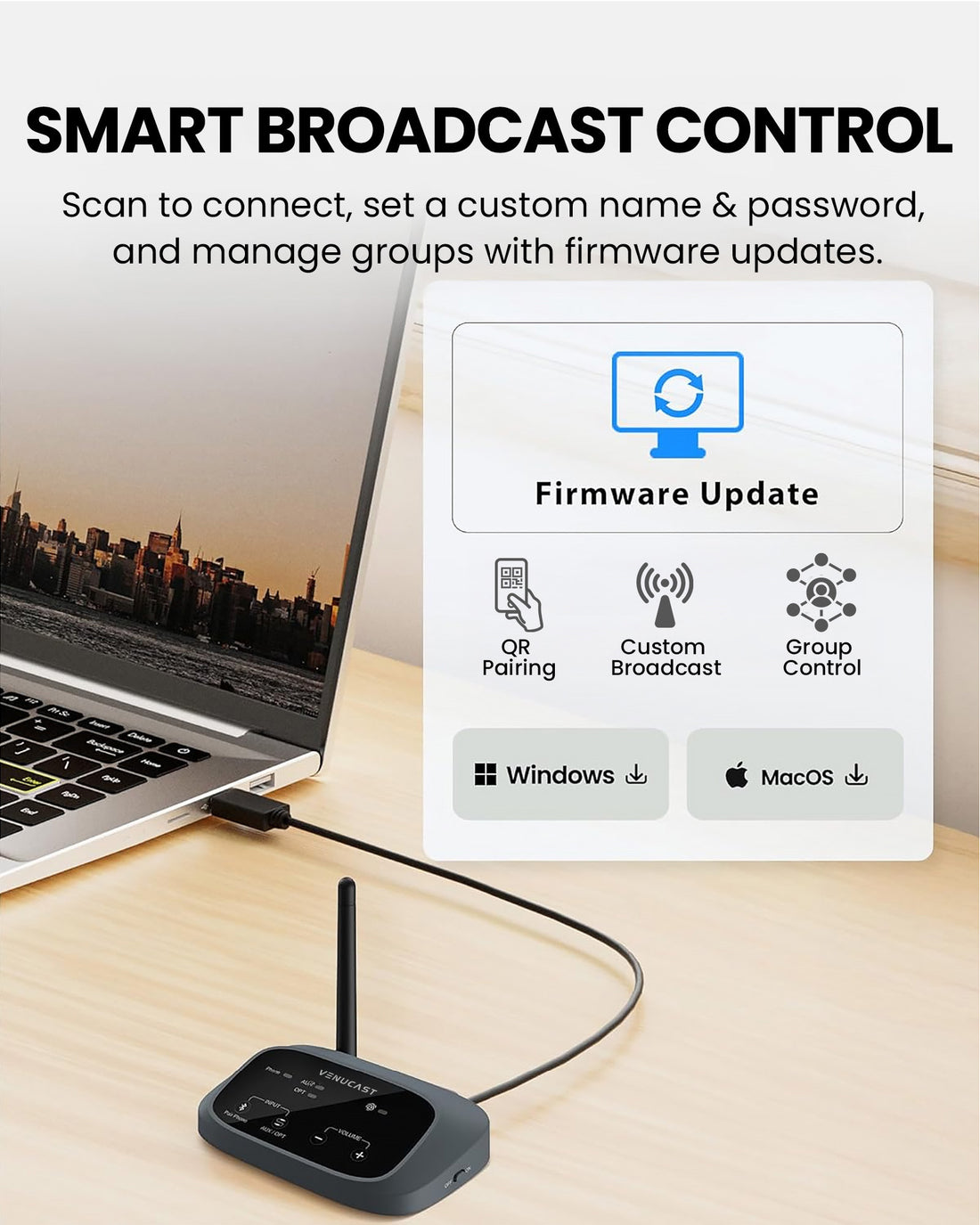 AuraPlex H4 Auracast Transmitter for small venues, training sessions, and group listening with easy setup, customizable broadcast name, password protection, and firmware updates.