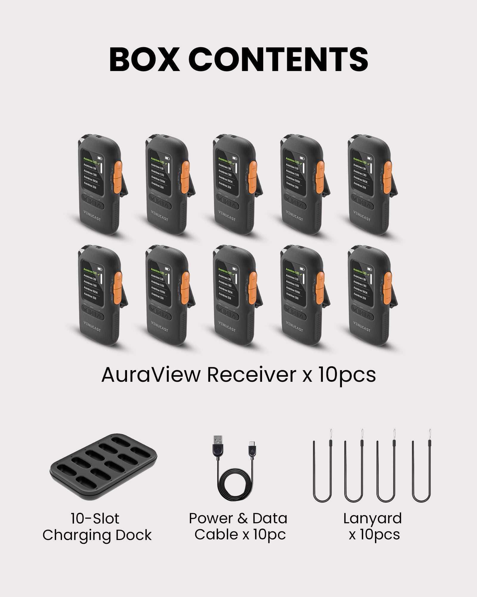 AuraView 10-Pack AuraView Auracast Receiver System 10 Pack with Charging Dock, OLED Display Assistive Listening Devices for Church, Conference, Theater, Senior Centers