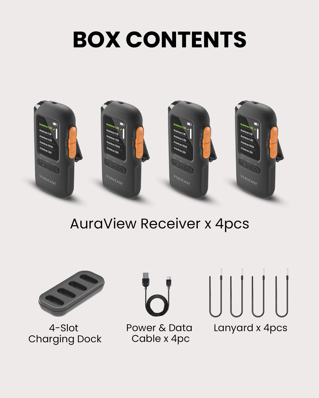 AuraView 4-Pack Auracast Receiver System with Charging Dock and OLED Display for churches and venues. Includes 10 receivers, 10 lanyards, charging dock, power data cable.
