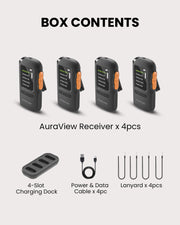 AuraView 4-Pack Auracast Receiver System with Charging Dock and OLED Display for churches and venues. Includes 10 receivers, 10 lanyards, charging dock, power data cable.