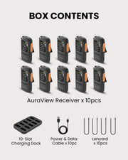 AuraView 10-Pack Auracast Receiver System with Charging Dock and OLED Display for churches, includes 10 receivers, 10 lanyards, charging dock, power data cable.