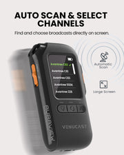 AuraView 10-Pack Auracast Receiver System with Charging Dock and OLED Display for churches and venues, OLED screen displays up to 10 Auracast channels.