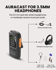 AuraView Auracast Receiver with OLED Display for churches. Compatible with 3.5mm AUX output supports headphones, earbuds, headsets, and T-coil neckloops hearing aids