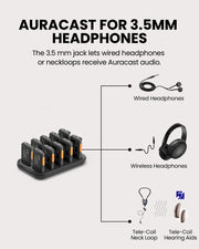AuraView 10-Pack Auracast Receiver System with Charging Dock and OLED Display for churches. Supports 3.5mm AUX output supports headphones, earbuds, headsets, and T-coil neckloops.