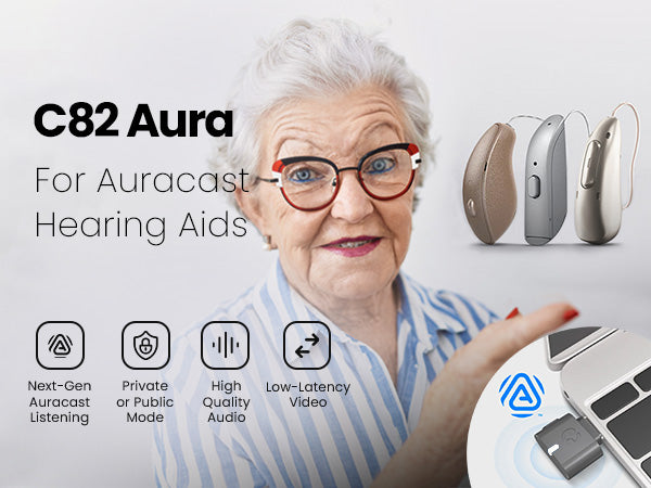 C82 Aura USB-C Transmitter for Auracast Hearing Aids & Group Listening. Compatible with Auracast-enabled hearing aids to stream audio from USB-C devices like PCs, tablets, and smartphones