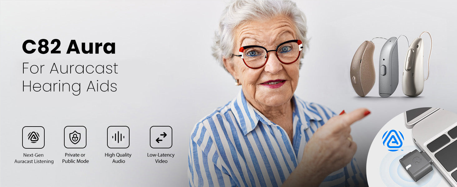 C82 Aura USB-C Transmitter for Auracast Hearing Aids & Group Listening. Compatible with  Auracast-enabled hearing aids to stream audio from USB-C devices like PCs, tablets, and smartphones