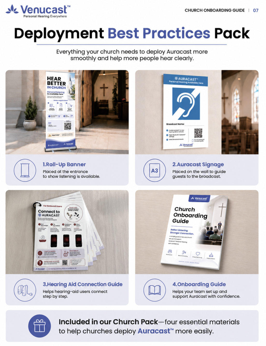 Venucast Church Deployment Best Practices Pack with roll-up banner, two A3 Auracast signs, hearing aid connection guide, and onboarding guide